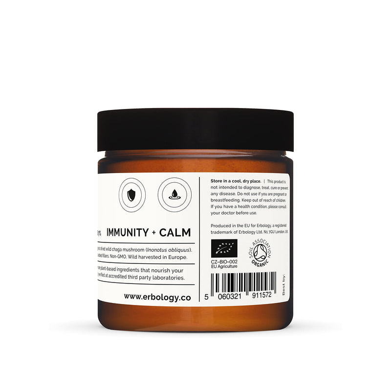 Erbology Organic Chaga Mushroom Powder 50 Servings - 7% Beta-glucans - Immunity Support - Inonotus Obliquus - Small Batch - Sustainably Wild Harvested in Finland - Vegan - Non-GMO - No Added Fillers