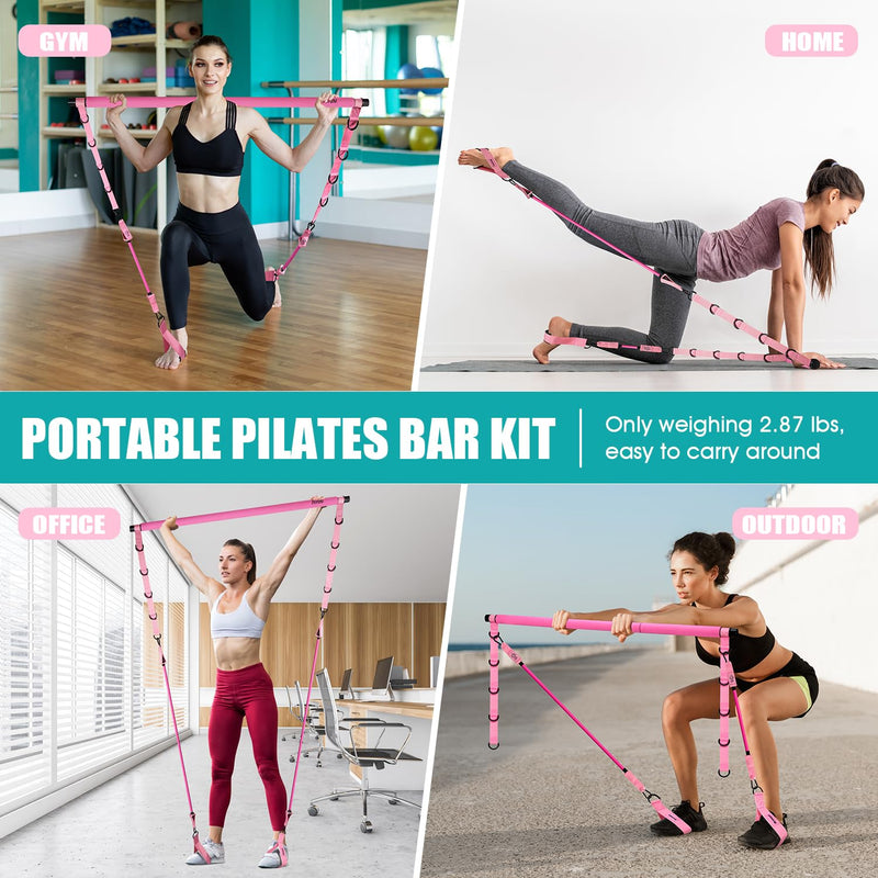 [Australia] - Pilates Bar Kit with Resistance Bands, Pilates Workout Equipment for Legs, Hip, Waist, Arm, Squats Exercise Equipment for Home Workouts, Adjustable 3-Section Pilates Bar Kit for Women & Men 1-Pink New-140LBS 