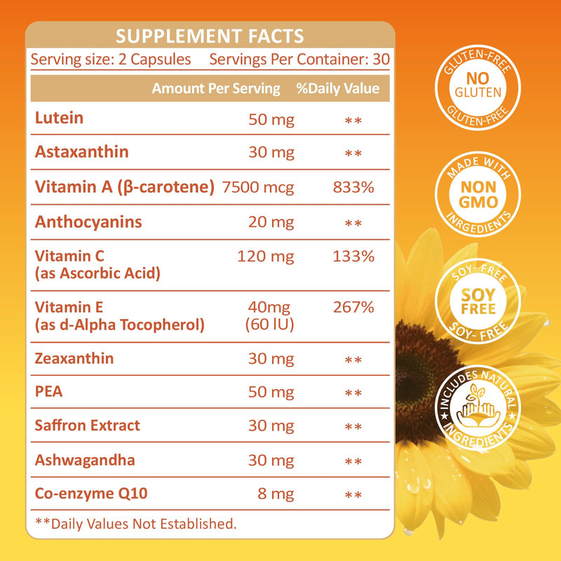 Lutein and Zeaxanthin Supplements with Astaxanthin 50MG Eye Vitamins - Premium Lutein for Eye Vision Support 60 Capsules 60 Count (Pack of 1)