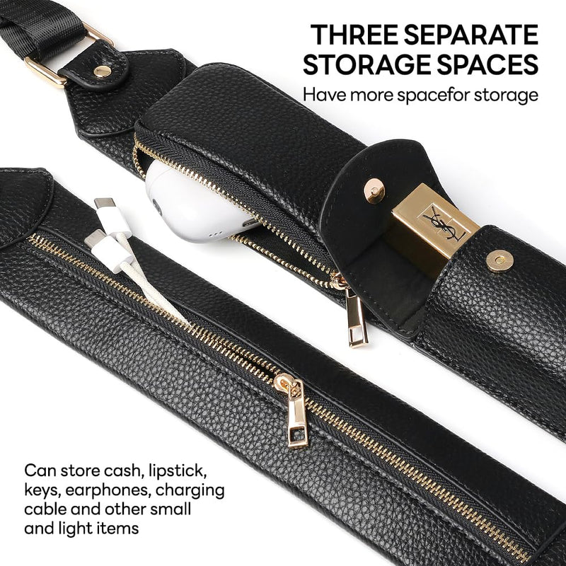 LUCKYCOIN Full Grain Leather Crossbody Strap, Adjustable 46"-55", Black | Pebble Genuine Leather Replacement Strap, 3 Pockets, 360° Swivel Hooks, Soft Shoulder Pad, for Crossbody Bags & Phone Cases