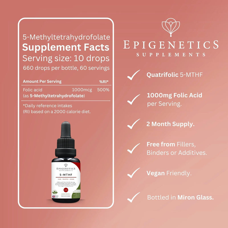 5-MTHF 30ml | High Strength Folic Acid as 5-Methyltetrahydrofolate Vitamin B9 Liquid Drops 1000mcg | Folate Made in UK & Vegan Friendly | 2 Months Supply (30ml)