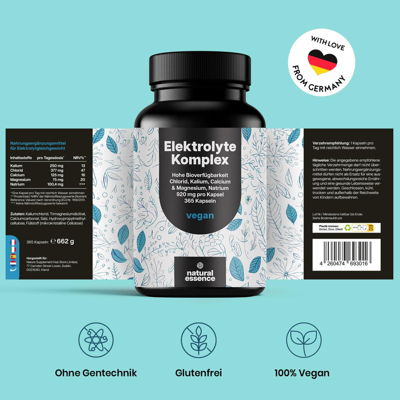 [Australia] - Electrolyte complex - 365 capsules - with chloride, potassium, calcium & magnesium, sodium - 920mg per capsule - electrolyte balance & muscle function - vegan and produced in Germany annual supply 
