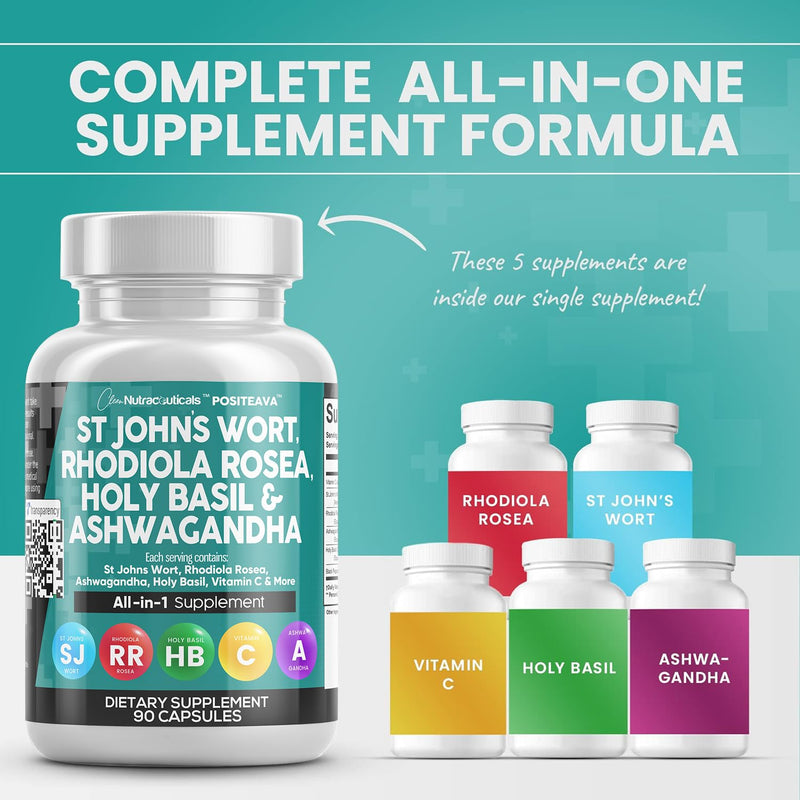 [Australia] - Clean Nutraceuticals St Johns Wort 10000mg Rhodiola Rosea 20000mg Holy Basil 3000mg Ashwagandha 6000mg - Mood Support for Women and Men with Vitamin C & Black Pepper Extract - 90 Caps 