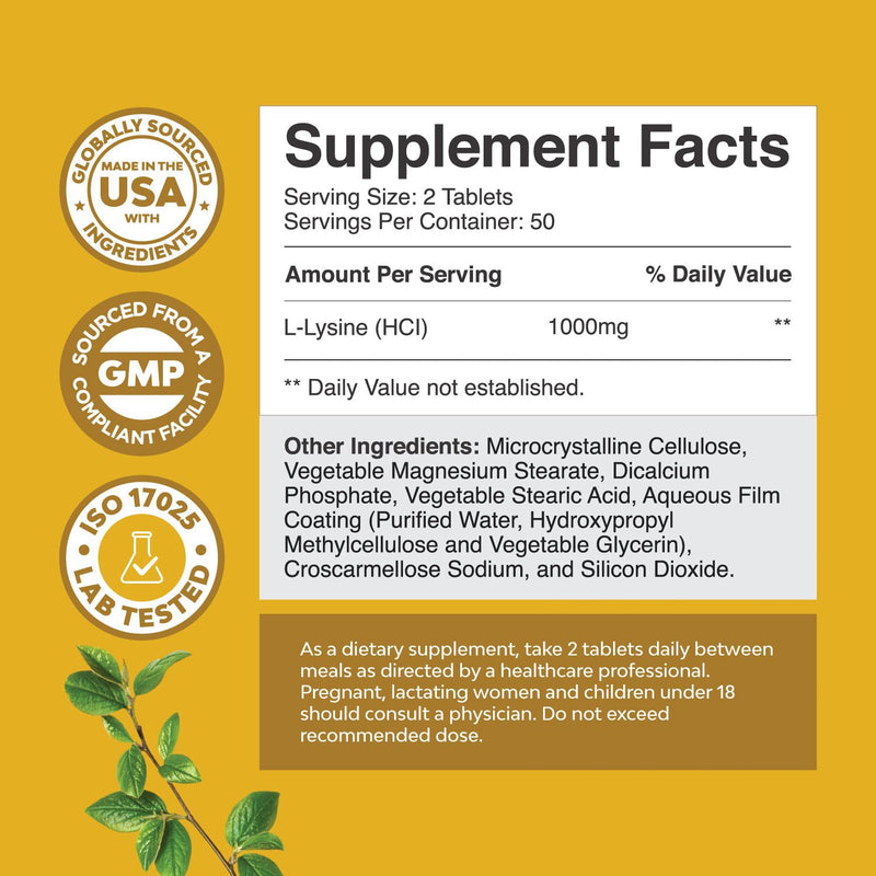 [Australia] - L Lysine 1000mg Free Form - High Strength L-Lysine Supplement for Eye Health Lip Care Collagen Synthesis and Immune Support - Essential Amino Acid Vegan Non-GMO 1000mg per Serving - 100 Tablets 100 Count (Pack of 1) 