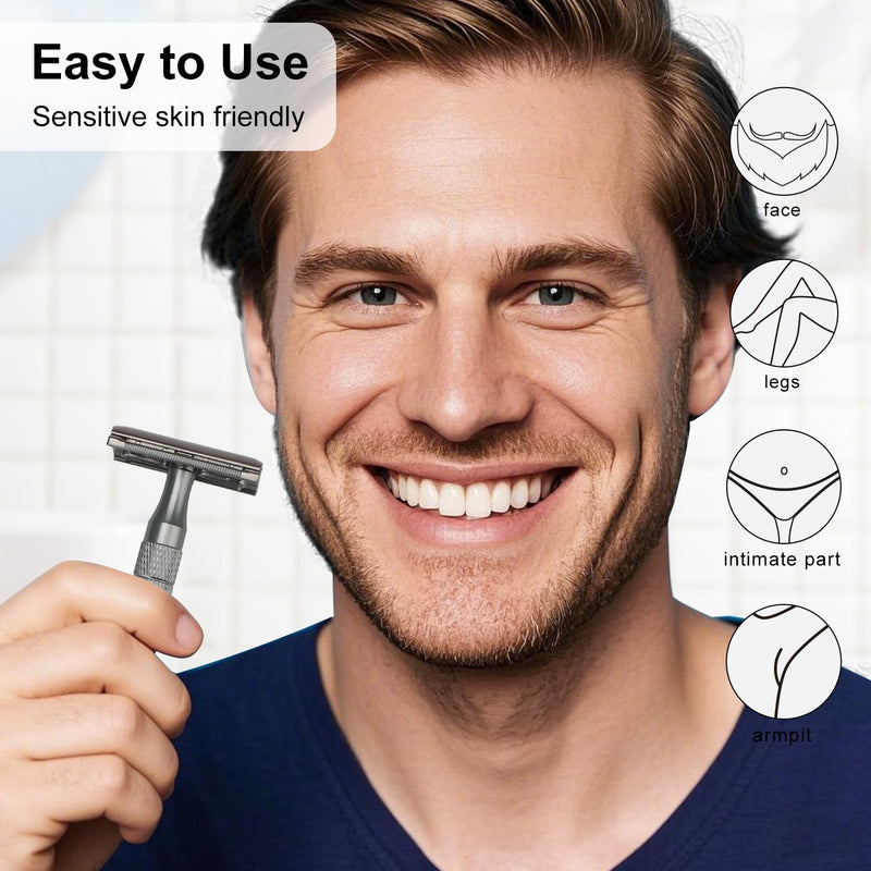 Gun Black Double Edge Safety Razor with Stand, Single Blade Razors for Men and Women, with 10 Safety Razor Blades, Smooth & Close Shave, Plastic Free Gun Black Razor with Stand