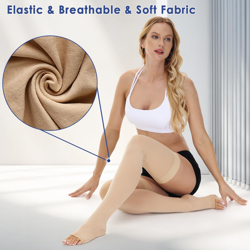 [Australia] - beister 15-20 mmHg Open Toe Medical Compression Stockings for Women Men, Thigh High Graduated Compression Socks with Dot Silicone Band, Support Circulation Pressure Stockings for Varicose Veins, Edema Beige Large 