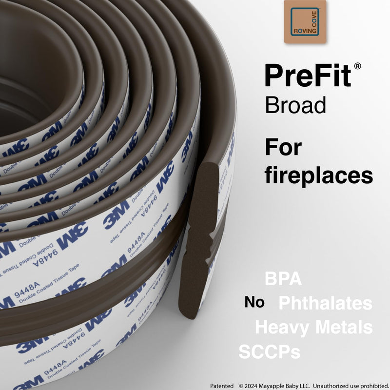 [Australia] - Roving Cove PreFit (Broad) Fireplace Edge Corner Protector (Extra Wide 9ft Edge 2 Corners), Baby Proofing Bumper Guards, Coffee Brown, Pre-Taped, for Straight Surfaces - New & Improved Broad 9ft Edge 2 Corners 