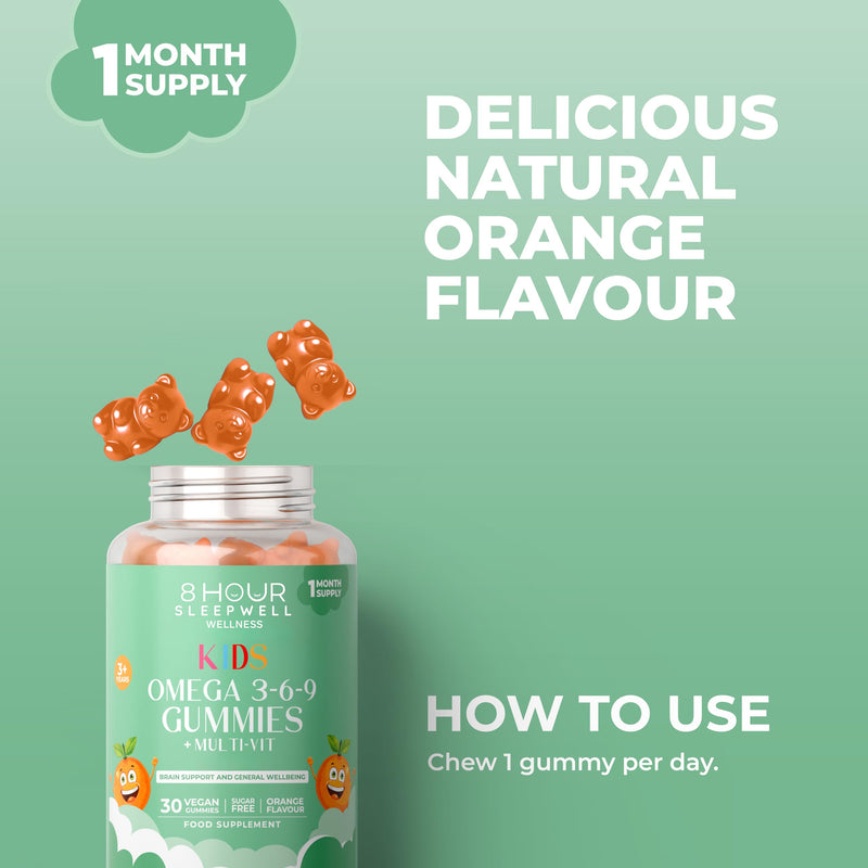 Kids Omega 3, 6 & 9 Gummies – Vegan, Sugar & Gluten-Free | Plant-Based Omega with 8 Essential Vitamins | Chewable Multivitamin for Kids, Tasty Alternative to Fish Oil | 1 Month Supply