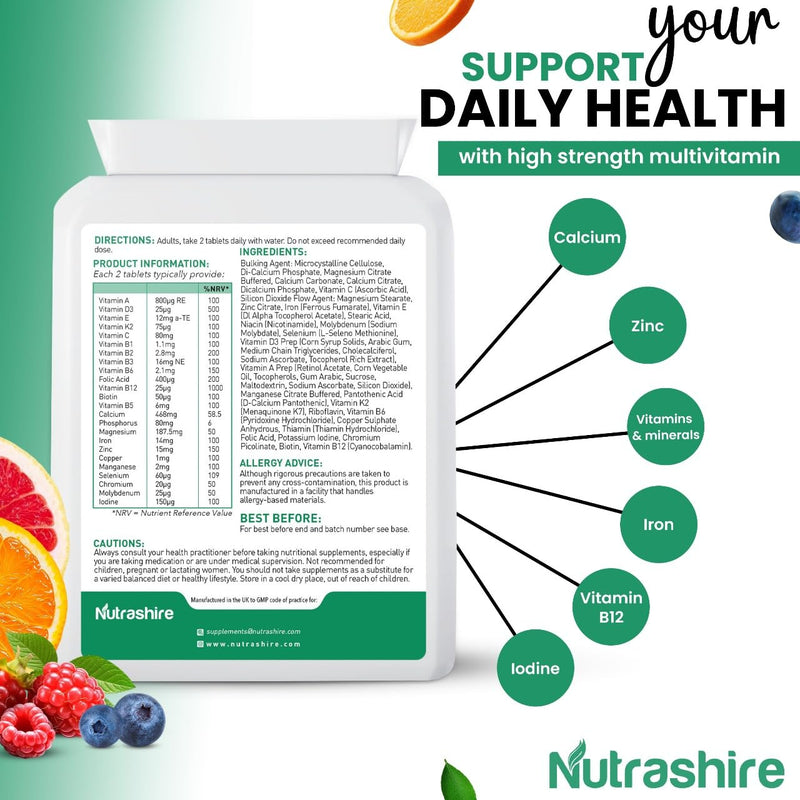Vegan Multivitamins and Minerals – 60 Multivitamin Tablets for Men & Women with 24 Essential Nutrients Including B12, Iron, Calcium and Zinc – Made in UK