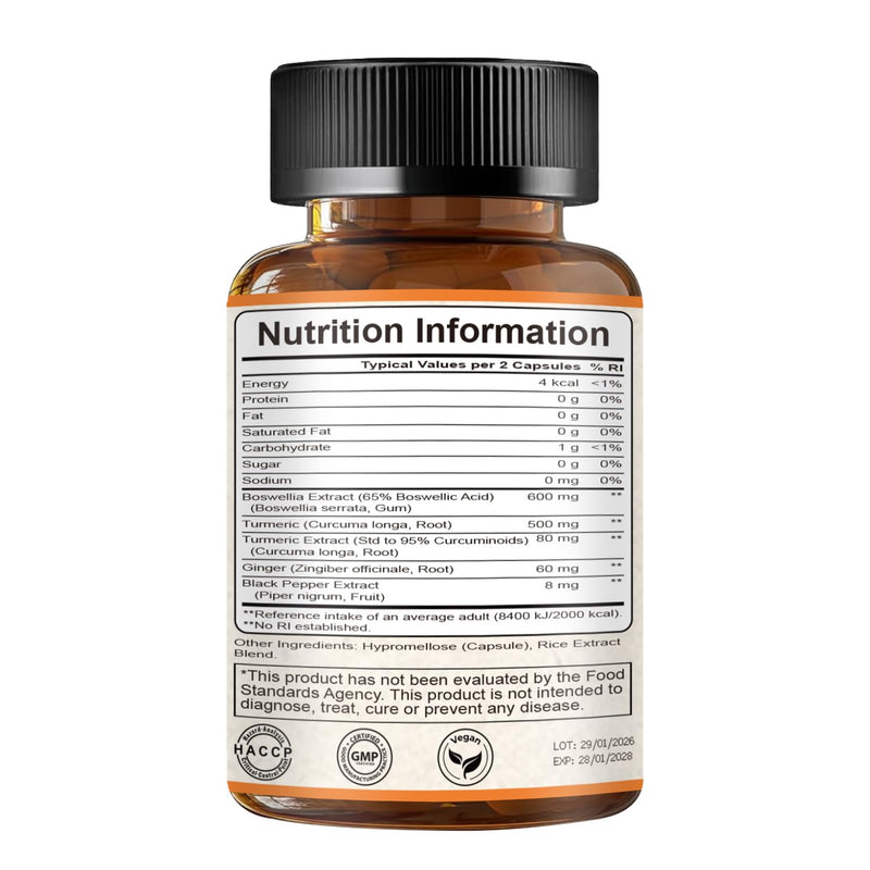 Boswellia Serrata Capsules, Boswellia for Humans - Anti Inflammatory & Joint Pain Relief Supplements - with Turmeric & Black Pepper & Ginger - 65% Boswellic Acids - Boswellia Extract 60 Capsules