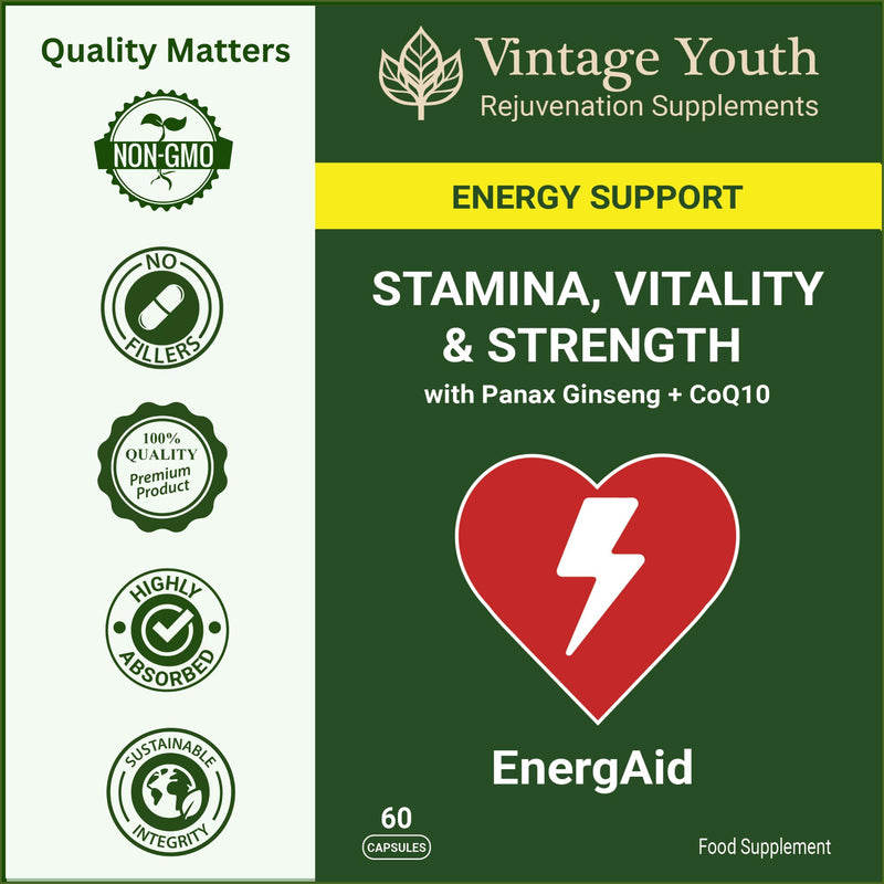 EnergAid Energy & Stamina Supplement | Natural Caffeine-Free Pre-Workout with Korean Ginseng, CoQ10, Rhodiola & B Vitamins | Reduces Fatigue, Supports Focus & Metabolism | Vegan | Made in UK