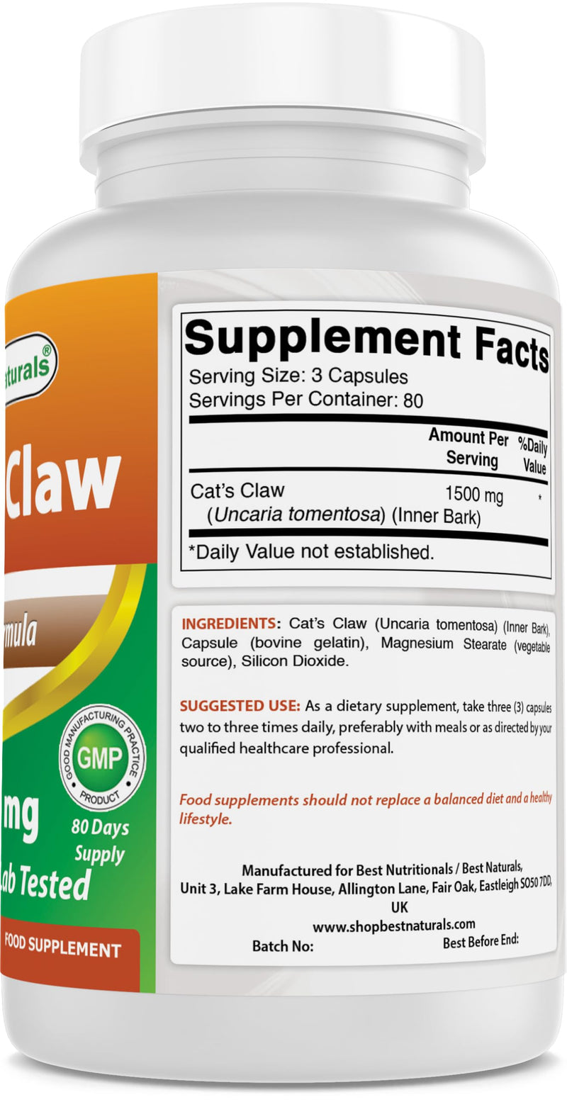 Best Naturals Cat's Claw Capsule, 500 mg, 240 Count
