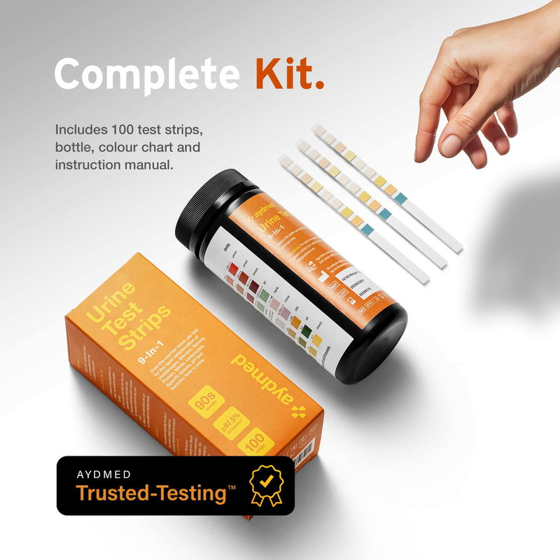 100 x AYDMED 9-in-1 UTI Test Strips | 9 Parameter Urine Test Strips for Leukocytes, Nitrite, Specific Gravity, pH, Protein, Urobilinogen, Bilirubin, Ketone & Ascorbic Acid | FSA & HSA Eligible