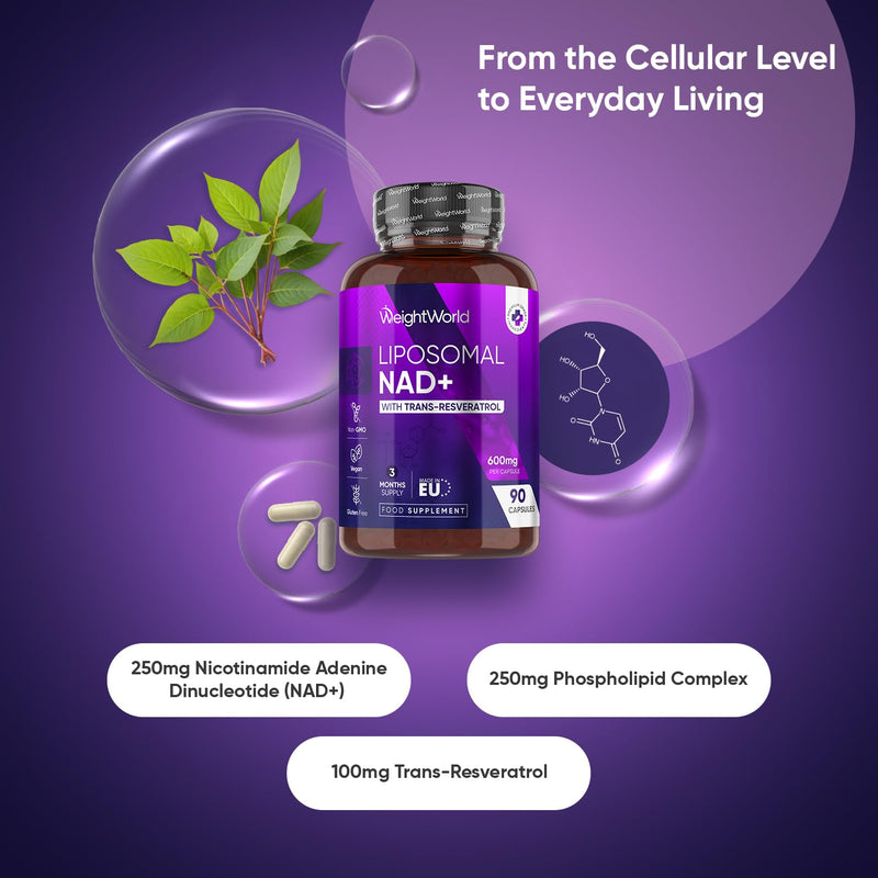 WeightWorld Liposomal NAD+ Supplement | 600mg | 90 Capsules | 3 Months Supply | with 100mg Trans-Resveratrol & 250mg Phospholipid Complex | Vegan & Gluten-Free | NAD Resveratrol Supplement