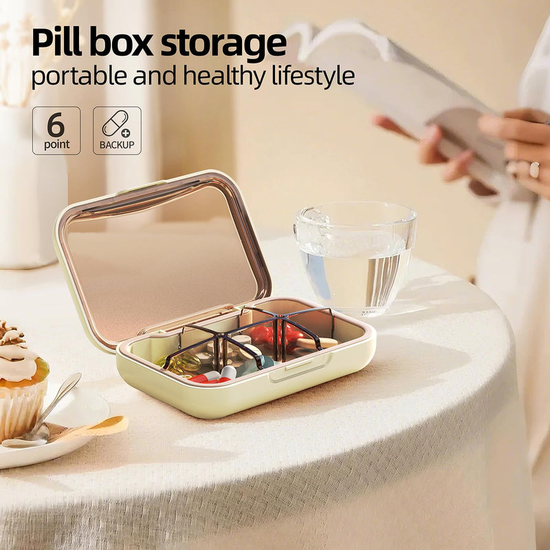 Portable Pill Box, Pill Organizer with 6 Compartments, Daily Medicine Pill Case, Pocket Size Pill Box for Travel, BPA Free Small Pill Container for Vitamins, Fish Oil, Supplements (White) White