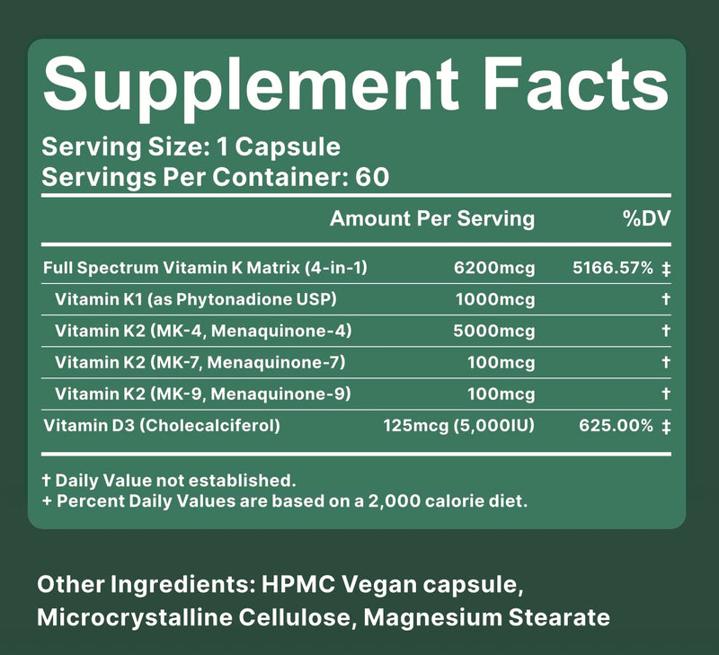 [Australia] - Nutriissa Full-Spectrum Vitamin K 6200 mcg ‚Äì K1, K2 (MK-4, MK-7, MK-9) with Vitamin D3 ‚Äì Bone & Heart Health ‚Äì EPEB Certified for Purity & Potency ‚Äì 60 Capsules 