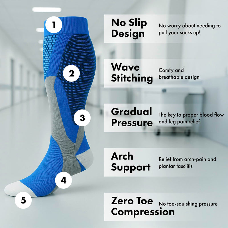 [Australia] - Compression Socks for Nurses - Women & Men - 20-30mmHg Graduated Compression, Zero-Toe Compression, For Medical Staff, Nursing, Athletic Support Such As Running, Cycling, Hiking - 1 Pair Large-X-Large Blue 