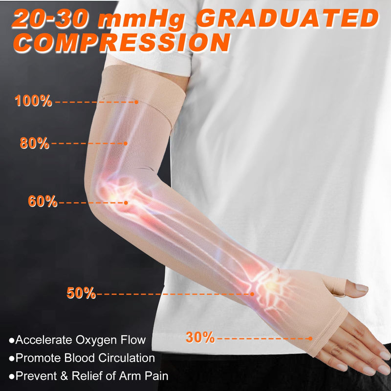 [Australia] - Lymphedema Medical Compression Arm Sleeve with Gauntlet, 20-30 mmHg Graduated Compression Full Arm Support for Women Men, Long Pressure Arm Hand Brace for Arthritis, Bursitis, Edema, Nerve Pain Beige (Single) Large 