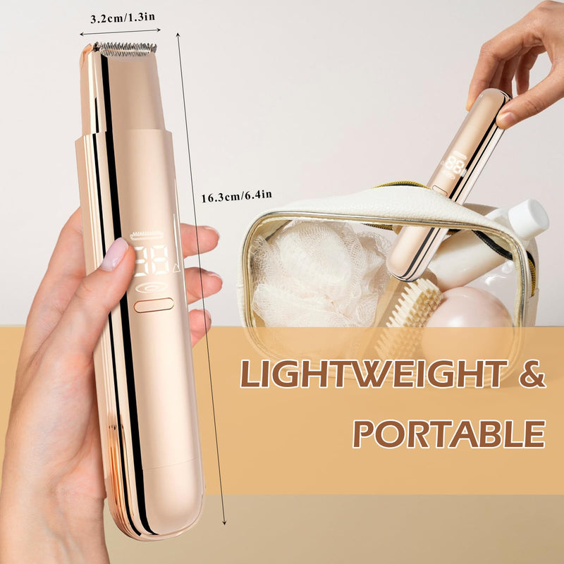 Bikini Trimmer for Women, 2 in 1 Dual-Head Electric Razors for Women Pubic Hair, Wet/Dry Use Body Hair Trimmer and Face Shaver with Display, Rechargeable Hair Removal for Bikini Legs Face Underarm Arm Gold