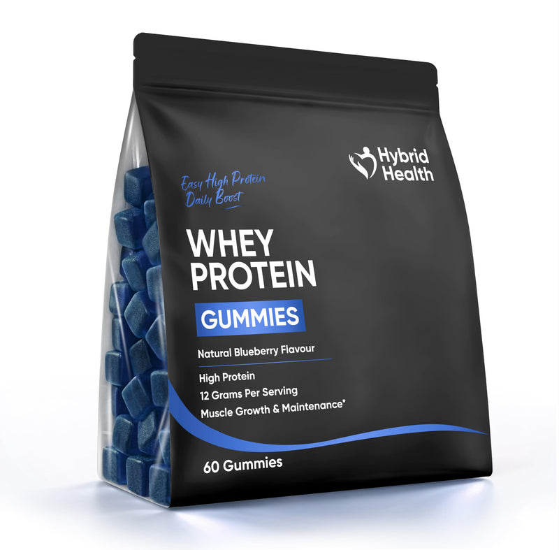 Hybrid Health Whey Protein Gummies - 12g Protein Per Serving, 60 Gummies, Natural Blueberry Flavour, Sugar-Free, High Protein for Muscle Growth & Maintenance