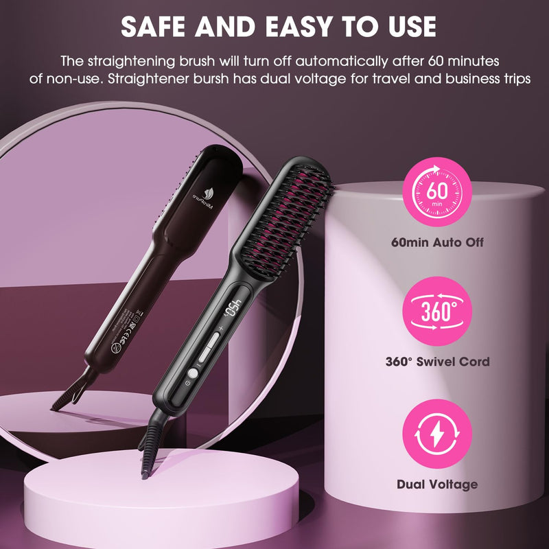 [Australia] - MiroPure Hair Straightener Brush with Plasma Technique, Ceramic Straightening Brush with 16 Temp Settings 30s Fast Heating, Hair Straightener Comb for Women with LED Display & Dual Voltage, Black 