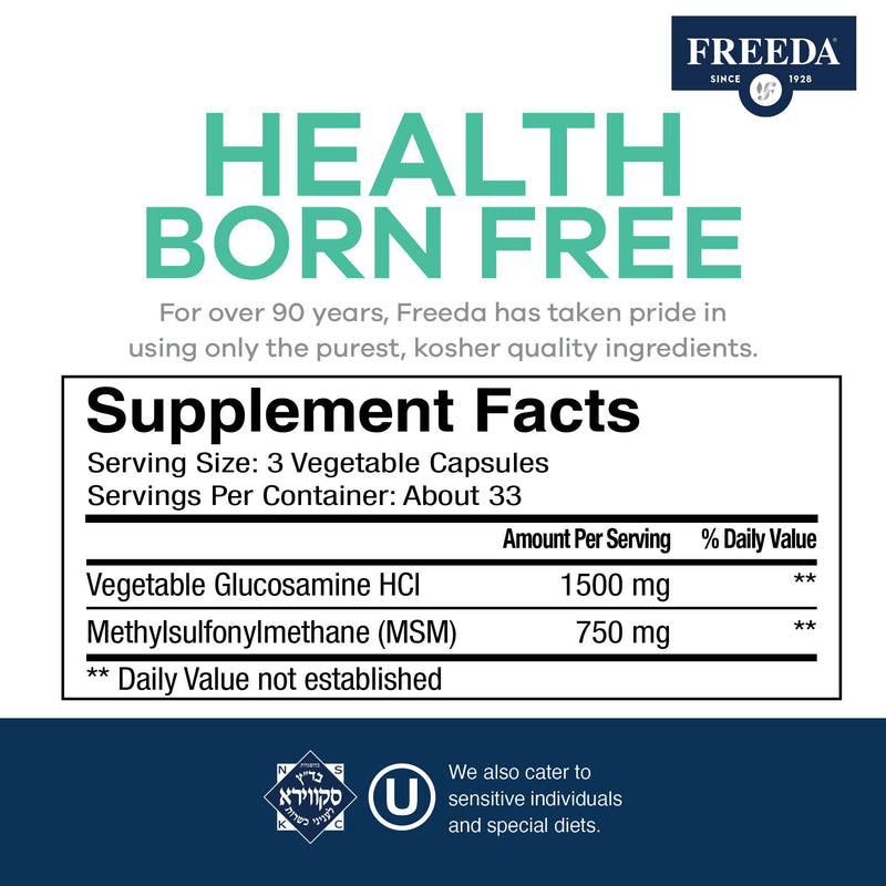 [Australia] - FREEDA Glucosamine MSM - Vegan Glucosamine with MSM Supplement - Bone & Joint Health Supplement - Vegetarian Glucosamine without Shellfish - Bone & Joint Supplement for Mobility (100 Capsules) 100 Count (Pack of 1) 