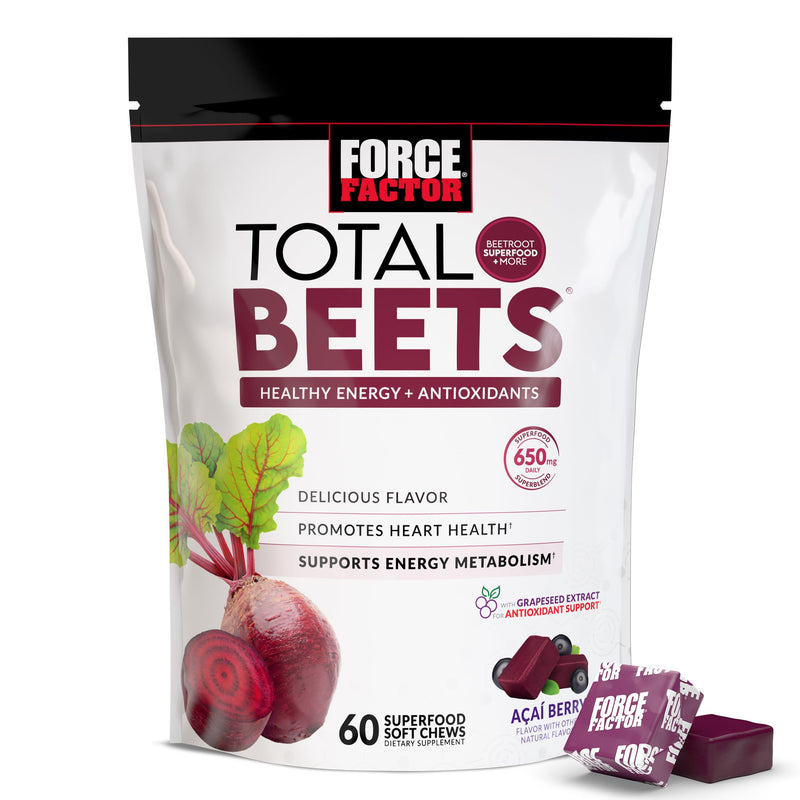 [Australia] - Force Factor Total Beets Soft Chews with Beetroot, Nitrates, L-Citrulline, Grapeseed Extract, and Antioxidants, Healthy Energy Supplement with Elite Ingredients, Heart Health Superfood, 60 Chews 60 Count (Pack of 1) Original 