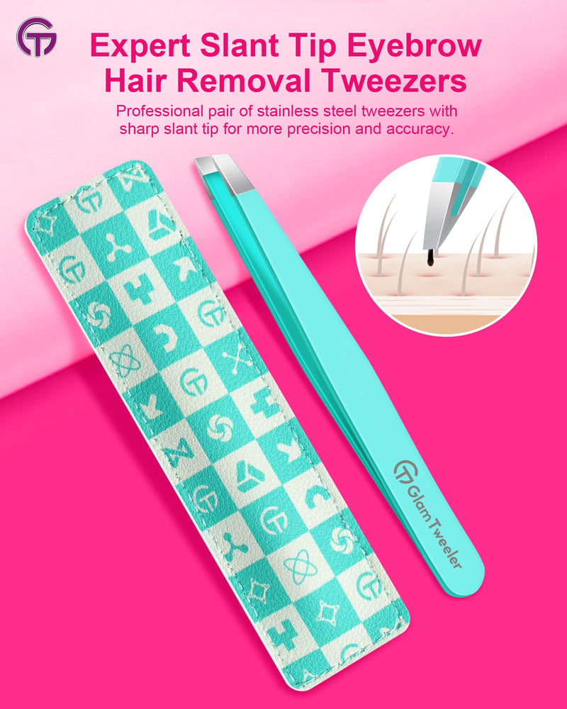 Expert Eyebrow Hair Removal Tweezer with Leather Case, GlamTweeler High Precision Slant Tip Stainless Steel Tweezers for Men and Women (Robin's Egg Blue) Robin's Egg Blue