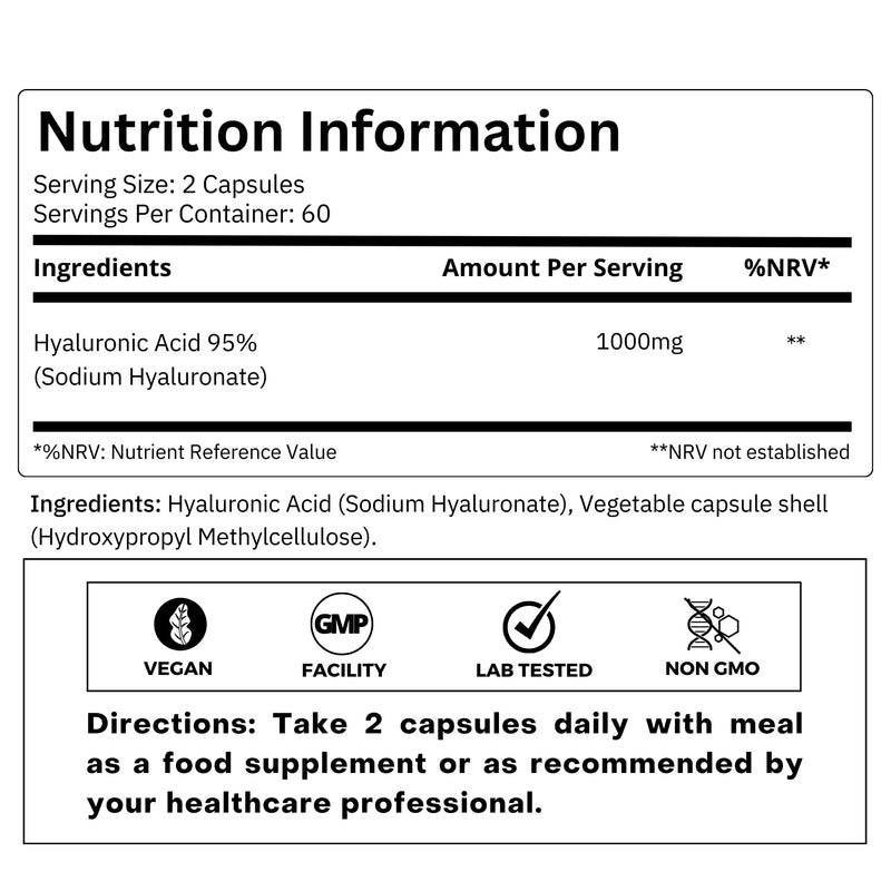 FOLIUS LABS Ultra High Purity Hyaluronic Acid Capsules 500mg - 95% Sodium Hyaluronate - Highly Purified and Bioavailable - Low Molecular Weight - Non-GMO Fermented - 120 Capsules 120 Caps