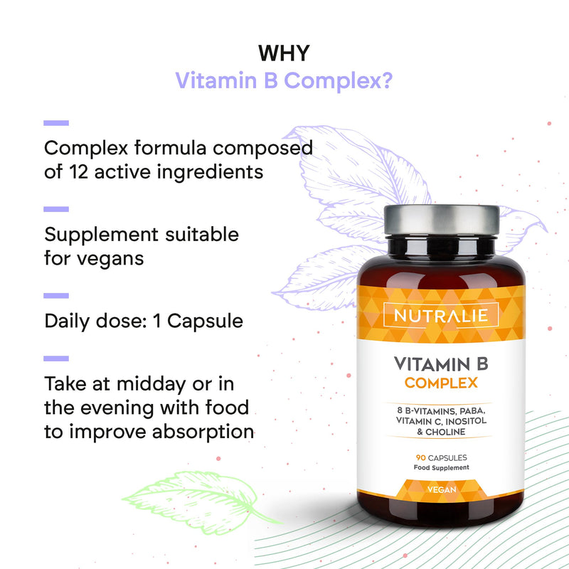 Vitamin B Complex + Vitamin C - High Dosage - 8 Vitamins B C Inositol Choline PABA - Complete Vitamin B Complex B1 B2 B3 B5 B6 Biotin (B7) Folic Acid (B9) B12-90 Capsules Nutralie