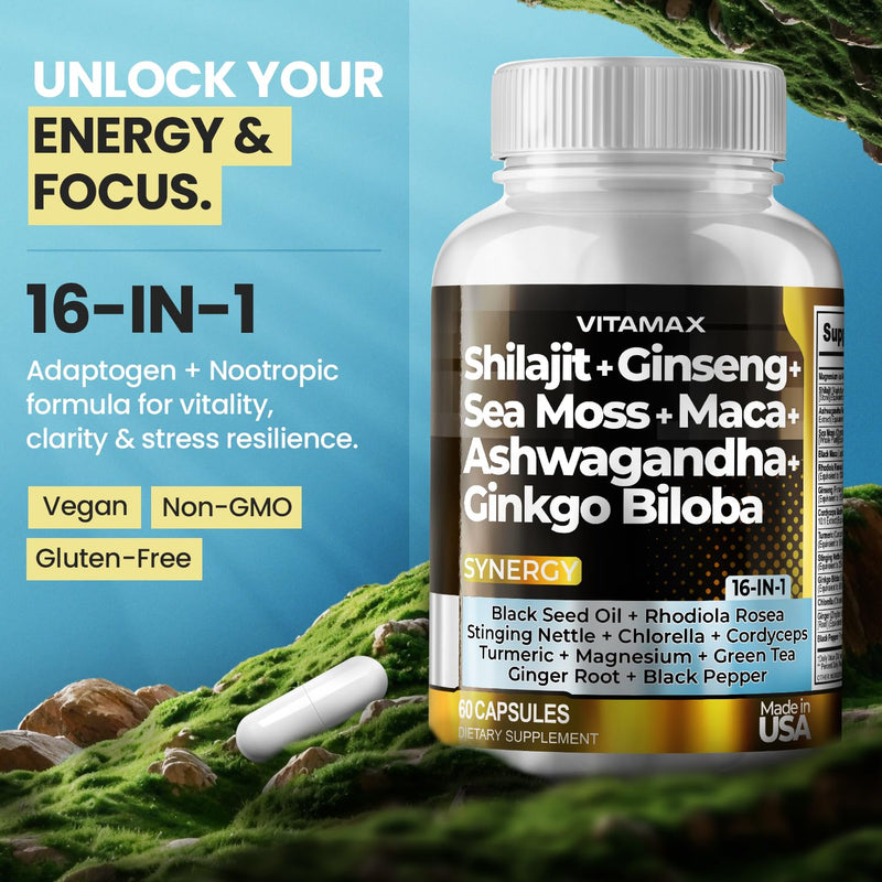 [Australia] - Pure Himalayan Shilajit Supplement, Ashwagandha, Sea Moss, Rhodiola Rosea, Gingko Biloba - Fulvic Acid & Trace Mineral Capsules for Men and Women ‚Äì Made in USA 