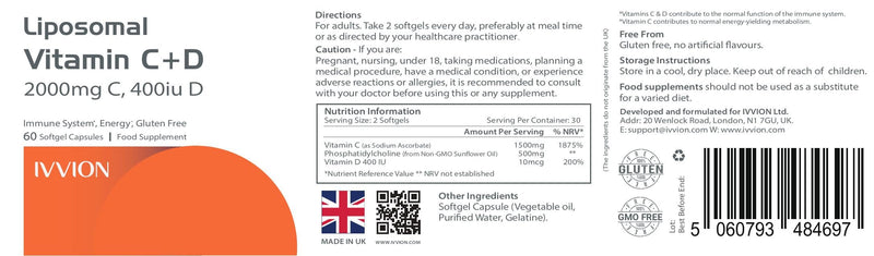Liposomal Vitamin C 2000mg + Vitamin D3 400IU - High Absorption Softgels | Immune Support, Antioxidant, Collagen & Bone Health | Non-GMO, Gluten-Free, Made in UK, 30-Day Supply