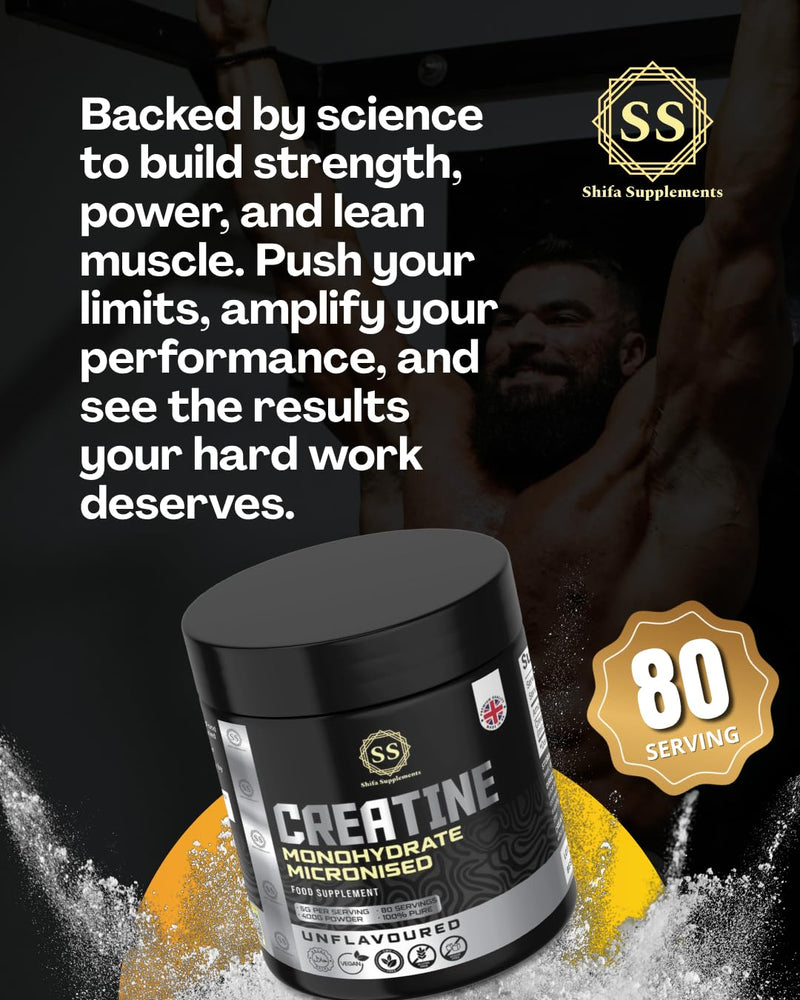 Creatine Monohydrate Powder Halal 400g (5g x 80 Servings) – Ideal for Muscle Growth & Recovery | 100% Pure Micronised Creatine Powder | Unflavoured | No Additives | Vegan