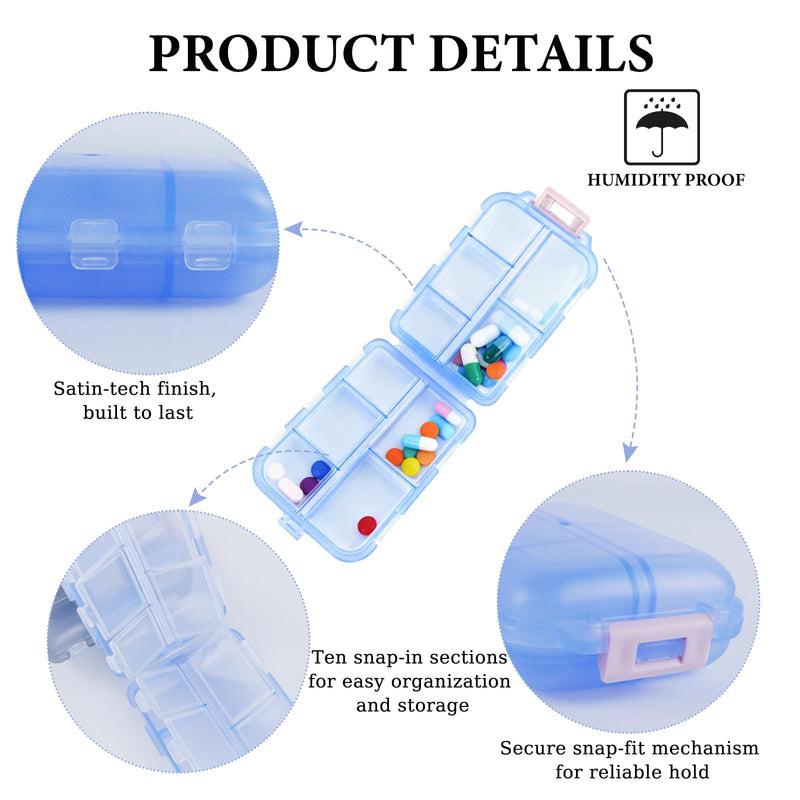 4Pack Travel Pill Organizer - 10 Compartments Pill Case with 64 Stickers, Pill Organizer 2 Times A Day, 20 Days Portable Compartments for Vitamins, Fish Oils, Supplements(Blue) Blue 4PC