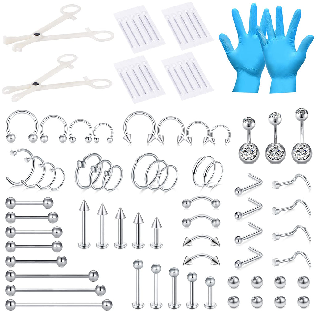 JIESIBAO 66-113pcs Mixed Piercing Kit,Piercing Kits for All Piercings Stainless Steel 14G 16G 18G 20G Nose Septum Cartilage Tragus Earrings Belly Nipple Tongue Lip Ring 1-75PCS-Mixed-size