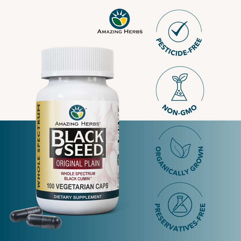 [Australia] - Amazing Herbs Whole Spectrum Black Seed Original Plain, Vegetarian Capsules - Gluten Free, Non GMO, Cold Pressed Nigella Sativa Aids in Digestive Health - 100 Count, 475mg 100 Count (Pack of 1) 