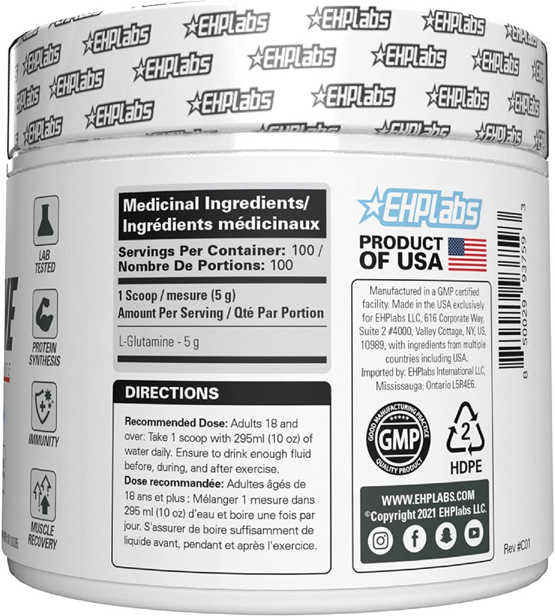 [Australia] - EHP Labs L Glutamine Powder Amino Acids - L-Glutamine, Workout Recovery, Immune Health & Gut Health Support (500g) - 100 Servings 