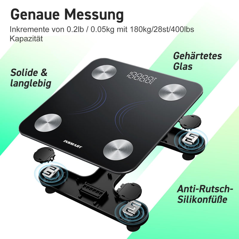 [Australia] - INSMART digital personal scales, people scales with Bluetooth, body fat scales for BMI, weight, body fat, pulse rate, muscle mass, water, protein, skeletal muscle, bone weight, BMR, etc. Black 