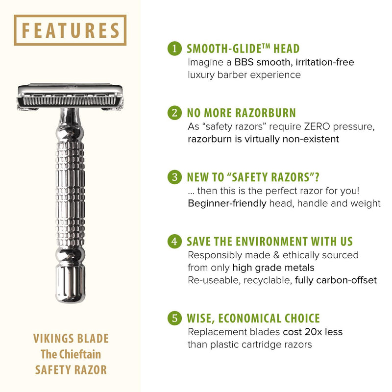 VIKINGS BLADE Double Edge Safety Razor for Men + 5 Swedish Steel Blades + Luxury Case. Smooth, Reusable, Eco-Friendly (The Chieftain) Chromium Silver
