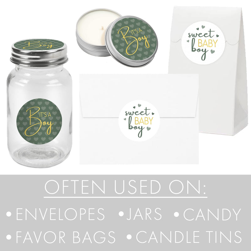 [Australia] - Green It’s a Boy Baby Shower Stickers, Greenery Sweet Baby Boy, 1.75 in. Round Favor Bag Labels - 40 Count 