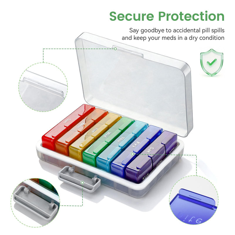 Large Weekly Pill Organizer, 7 Day Pill Box with AM Noon PM Compartments | Removable BPA-free pill case for vitamins, supplements, medicine, and travel use.