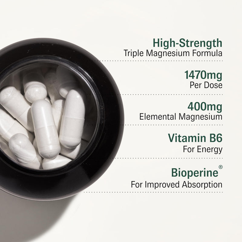 Magnesium Supplement - Citrate + Glycinate + Taurate with Vitamin B6 and BioPerine - 2 Capsules - UK Made 120 count (Pack of 1)