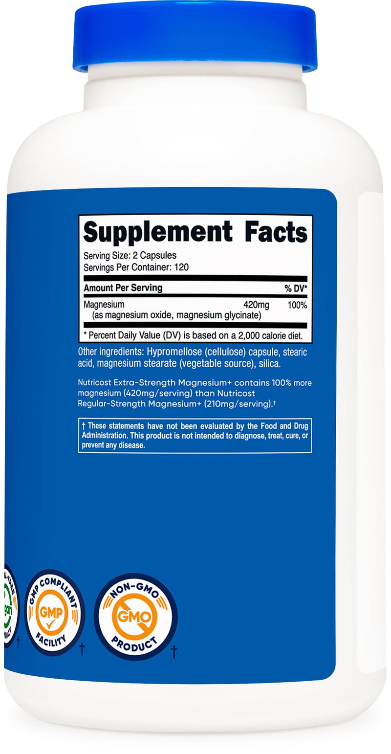 [Australia] - Nutricost Magnesium+ Extra Strength 420mg, 240 Capsules - 120 Servings. Magnesium Oxide and Glycinate - Non-GMO, Gluten Free, Vegan Friendly Vegetarian 240 Count (Pack of 1) 