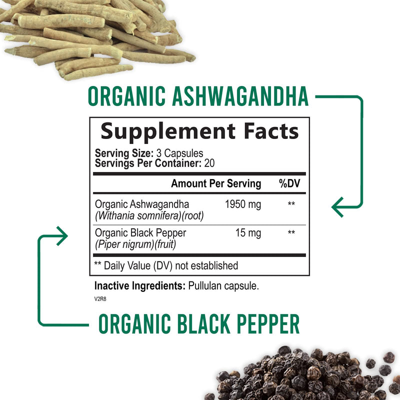 [Australia] - Nature's Nutrition Organic Ashwagandha Capsules Extra Strength 1950mg - Stress Support Formula - Natural Mood Support - Focus & Energy Support Supplement - 60 Capsules 60 Count (Pack of 1) 