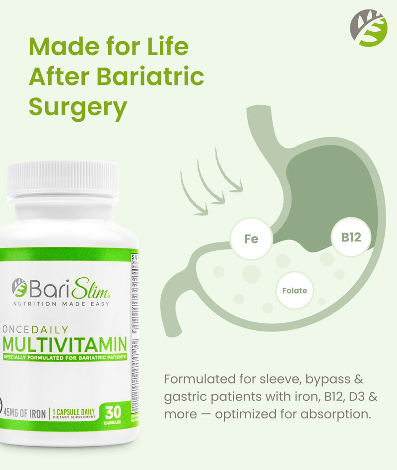 BariSlim Once Daily Bariatric Multivitamin Capsule - 45mg of Iron - Bariatric Vitamin & Supplement for Post Bariatric Surgery Including Gastric Bypass & Gastric Sleeve | 30-Day Supply 1 Count (Pack of 30)