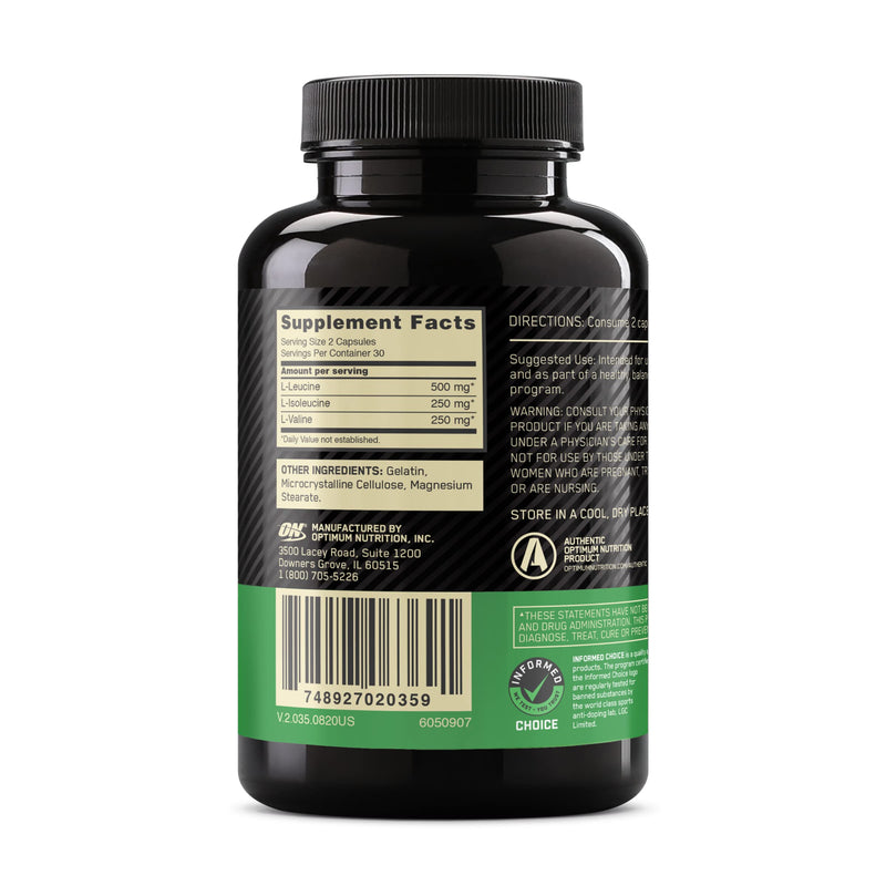 [Australia] - Optimum Nutrition Instantized BCAA Capsules, Keto Friendly Branched Chain Essential Amino Acids, 1000mg, 60 Count Unflavored 60 Count (Pack of 1) 
