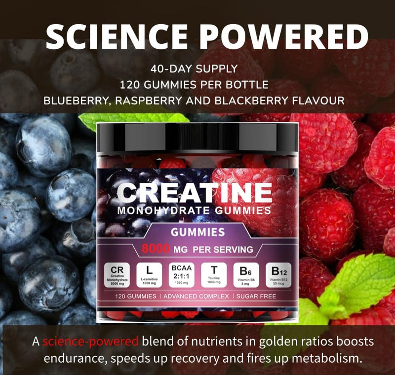 Creatine Monohydrate Gummies, 8000mg Complex, 120 Count, Sugar-Free with BCAA, L-Carnitine, Taurine and Vitamins, for Muscle Strength and Recovery