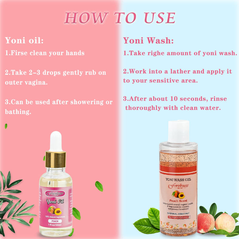 [Australia] - Natural Feminine Wash Yoni Oil Set, Vaginal Wash with Cleaning Factor, Yoni Wash for Women pH Balance,1 fl.oz Peach Feminine Oil & 6.7 fl.oz Intimate Wash 