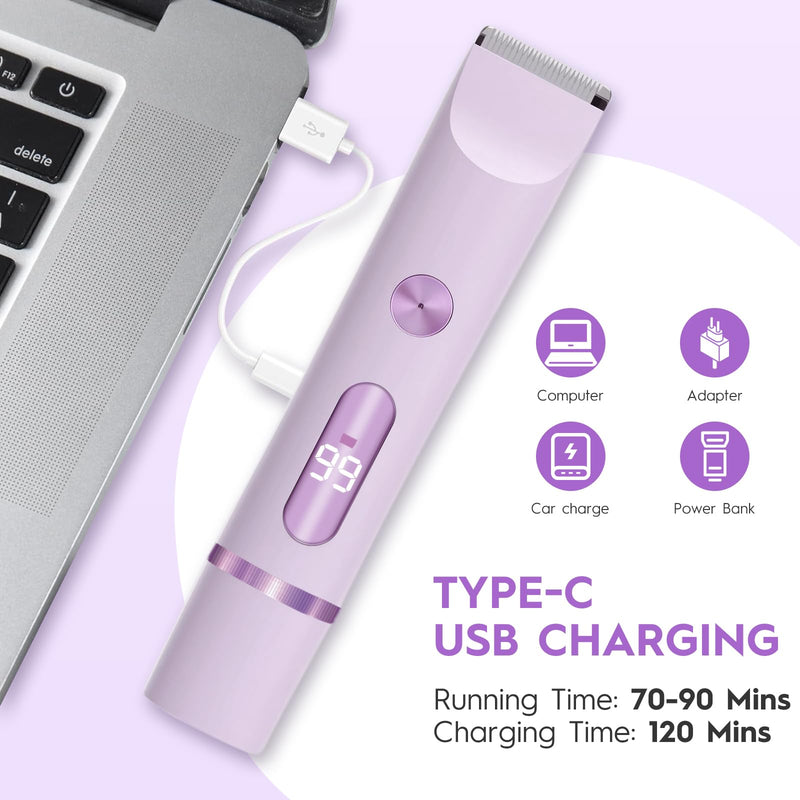 [Australia] - 2025 Upgraded Dermave Bikini Shaver - 2 in 1 Bikini Trimmer for Women with LCD Display, Dual Head Cordless Electric Shaver, IPX7 Waterproof Wet/Dry Body Hair Trimmer for Face,Purple 