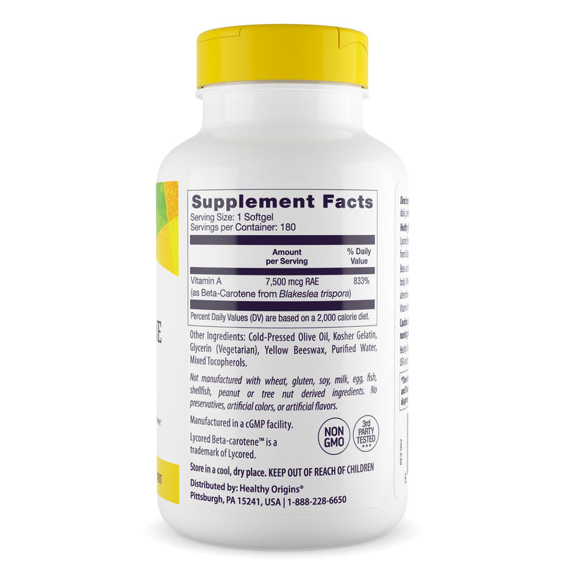 [Australia] - Healthy Origins Beta-Carotene 25,000 IU (7,500 mcg), Natural Beta-Carotene, Immune Support, Vision Support, Non-GMO, Gluten-Free, 180 Softgels 
